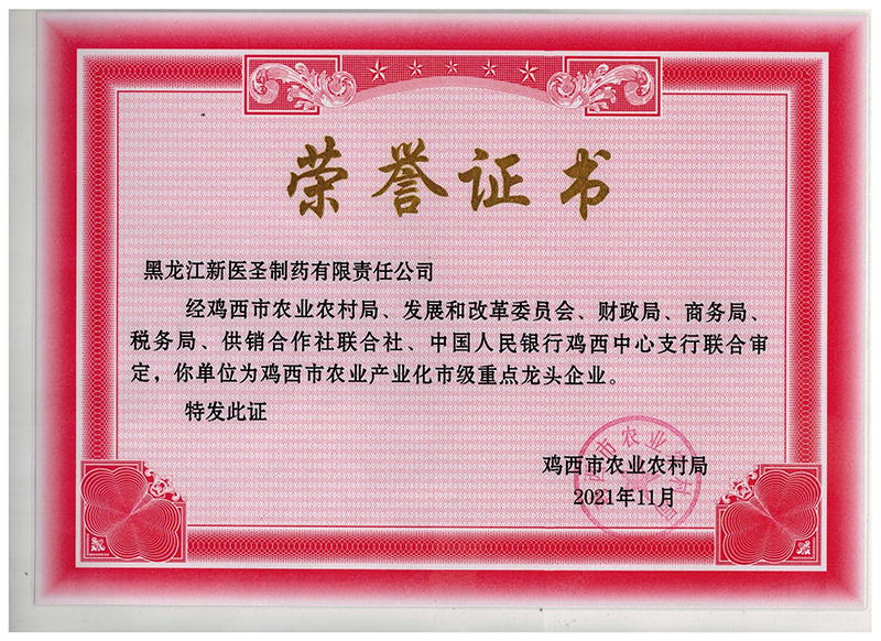 賀新醫(yī)圣制藥獲市級(jí)重點(diǎn)龍頭企業(yè)稱號(hào)